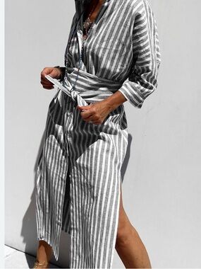 Chicos Linen/Cotton Striped Button-Down tunic Dress with Waist Tie